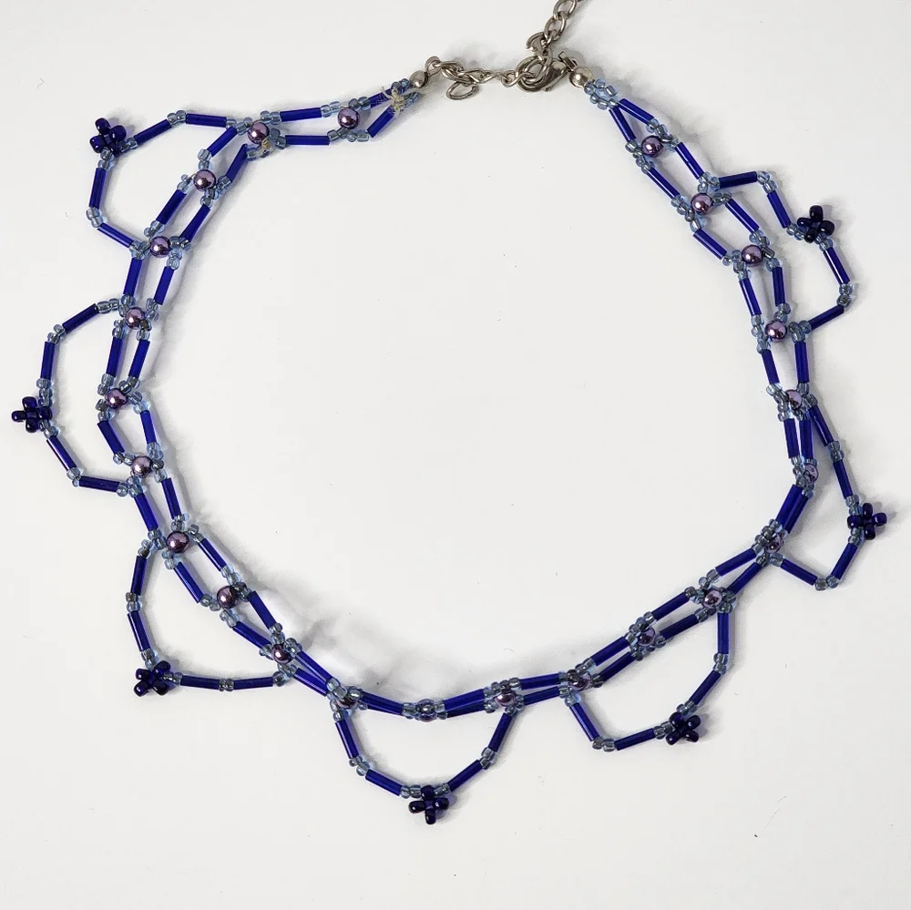 Vintage 90s Y2K Blue Beaded Choker Necklace